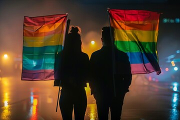 Silhouetted Couple Holding Pride Flags at Night.