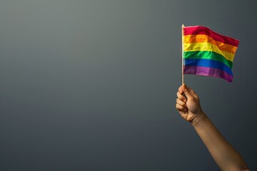 Hand Holding Small Pride Flag on Grey Background.