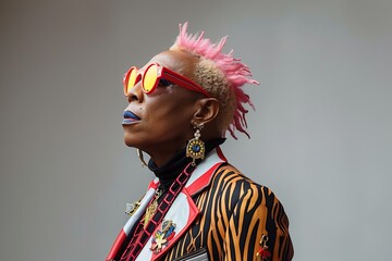 Elderly Woman in Vibrant Fashion and Pink Hair.