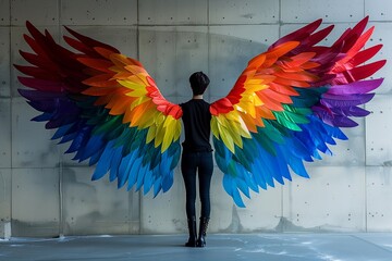 Person with Vibrant Rainbow Wings Against Wall.