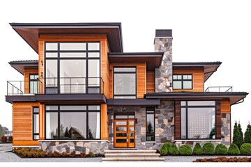 A contemporary Craftsman home with a combination of wood, stone, and metal accents, featuring large windows and clean architectural lines, standing out against a solid white background