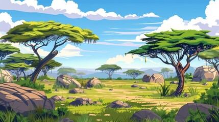 An African savannah landscape depicted in a cartoon background, featuring the wild nature of Africa with green trees, rocks, and a grassy plain under a blue sky. This panoramic view of Kenya is
