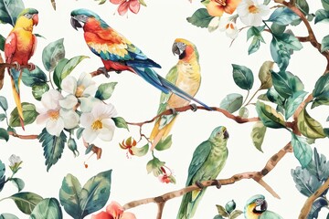 A watercolor pattern featuring Eden trees and colorful parrots, including Ara, toucan, and cockatoo. This tropical jungle scene with birds in a blossoming tree is styled in a vintage Victorian and