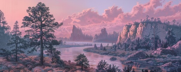 An early morning scene with a river and trees, featuring a pink sky over rocky formations in the background.