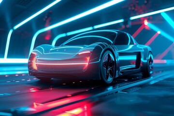 Naklejka premium A banner featuring a smart intelligent car set against an isolated HUD-style background. This 3D illustration emphasizes futuristic technology.