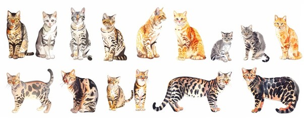 A safari animal set illustrated in watercolor style, featuring various breeds of cats. Isolated images created using Generative AI.