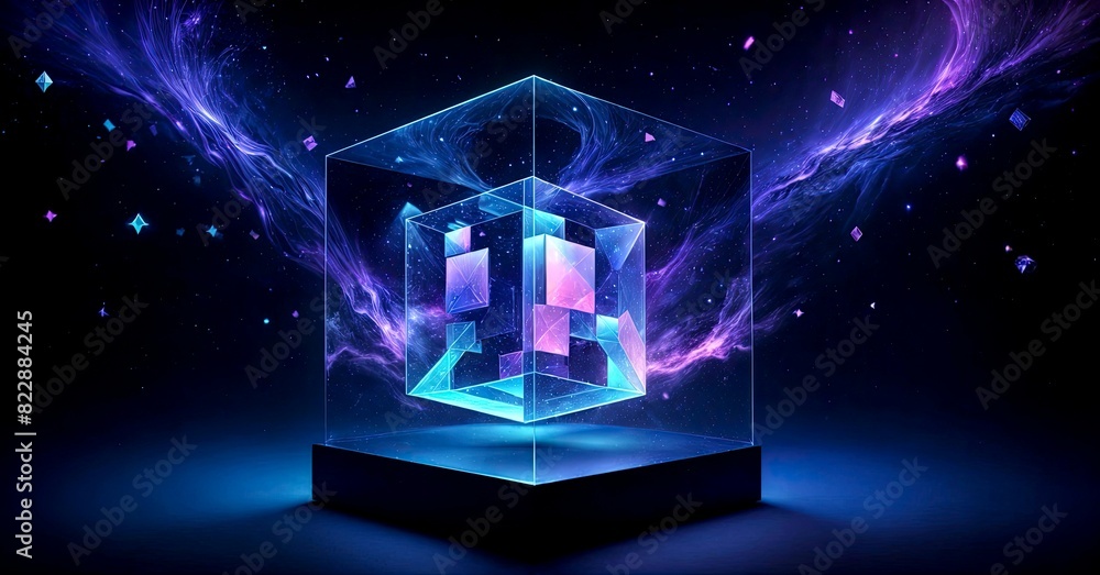 Poster futuristic glowing cube with geometric patterns in space