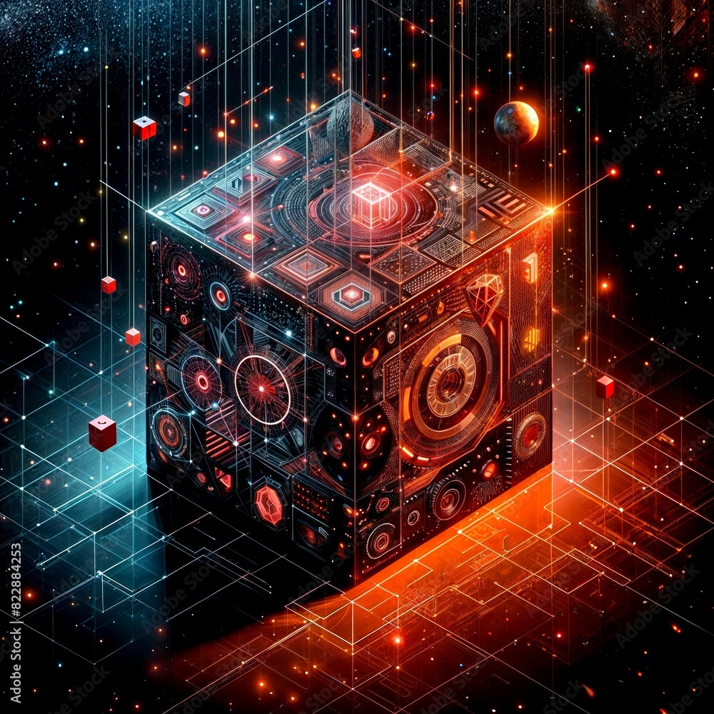 Poster futuristic glowing cube with geometric patterns in space