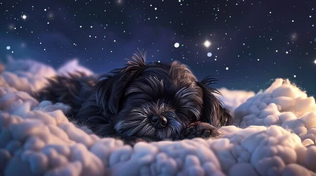 Adorable dog peacefully sleeping on a fluffy cloud, dreamy and whimsical scene
 Seamless looping 4k time-lapse virtual video animation background. Generated AI