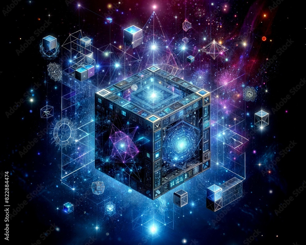 Poster futuristic glowing cube with geometric patterns in space