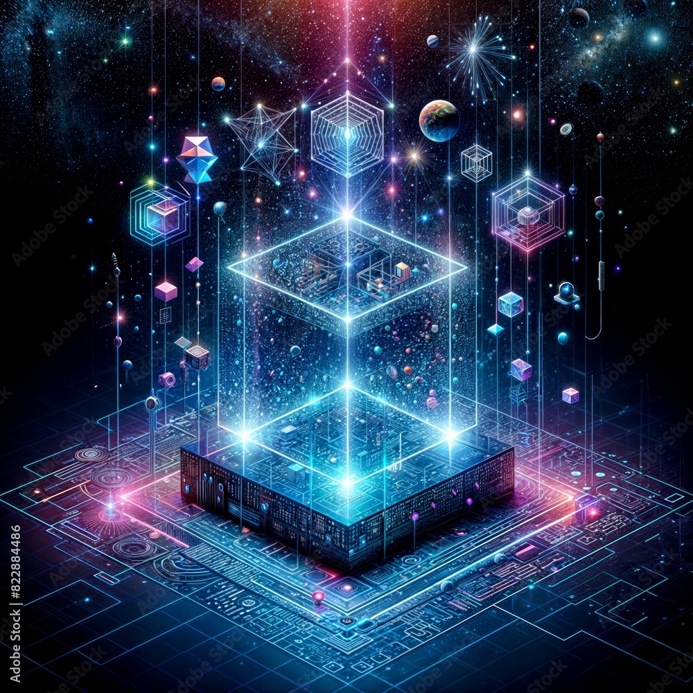 Poster futuristic glowing cube with geometric patterns in space