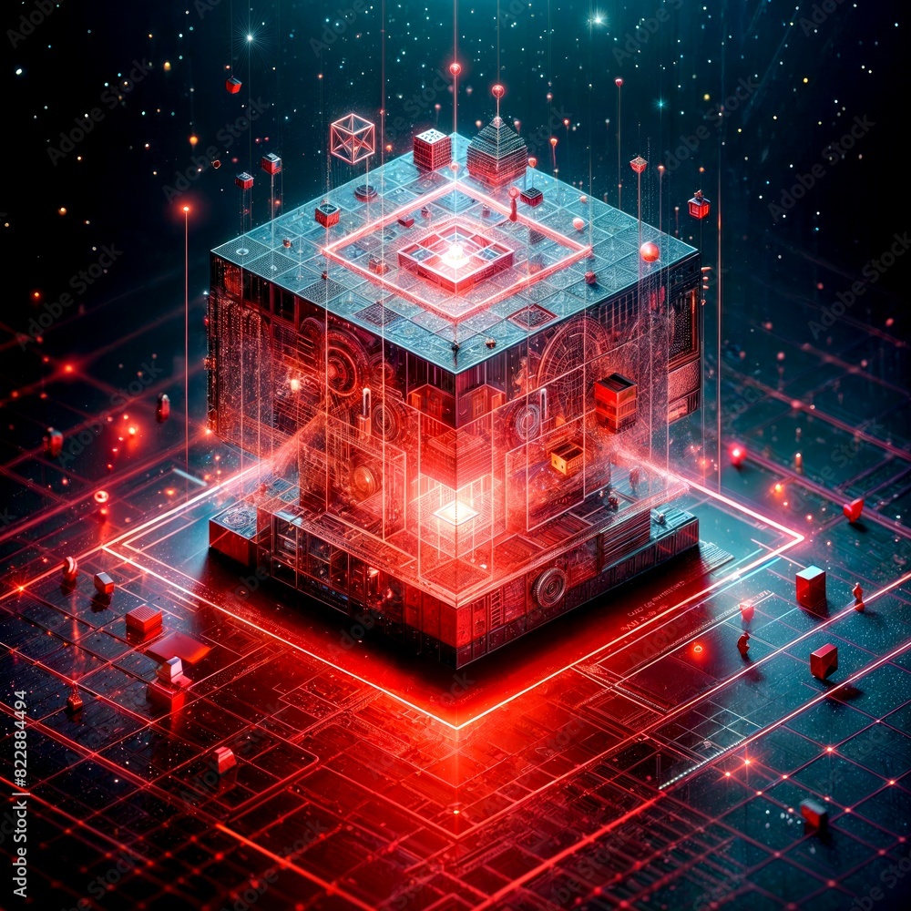 Poster futuristic glowing cube with geometric patterns in space