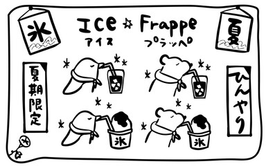 夏の冷たいメニュー手描きセットイラスト（かき氷・ドリンク）（ペンギン・シロクマ）