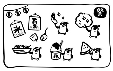 ペンギンのお祭り屋台食べ物イラストセット