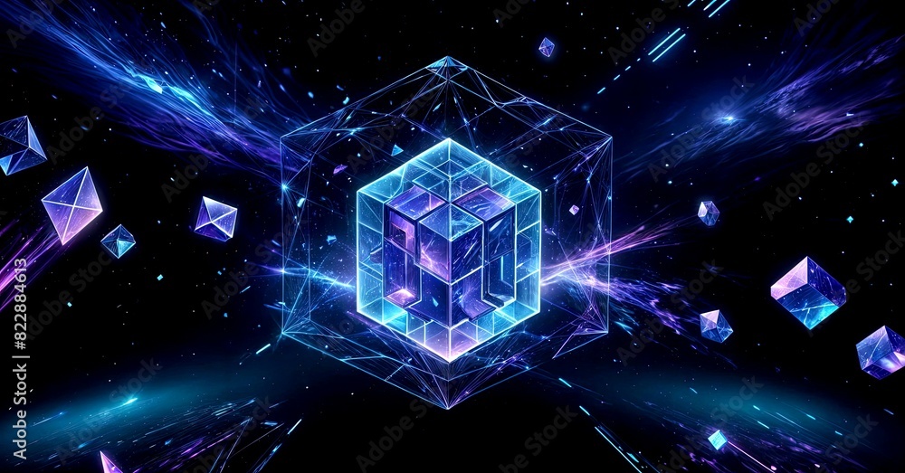 Poster futuristic glowing cube with geometric patterns in space
