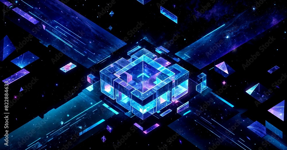 Poster futuristic glowing cube with geometric patterns in space