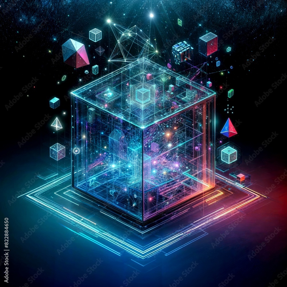 Aufkleber futuristic glowing cube with geometric patterns in space