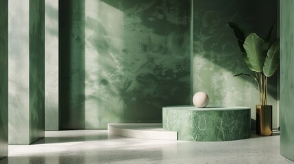 A 3D renderings for product displays composition featuring a golden ratio in minimalism of green colors