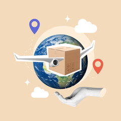 Box with airplane wings, globe, shipments, national shipping, international, airplane, planet,...