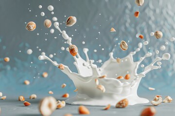 a white vase sits on a surface, surrounded by a splash of milk