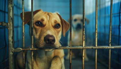 Concept of Heartbreaking Scene in Animal Shelter, Sad Dog in Gloomy Cage Looking at Camera, Capturing the Harsh Reality of Homeless Pets