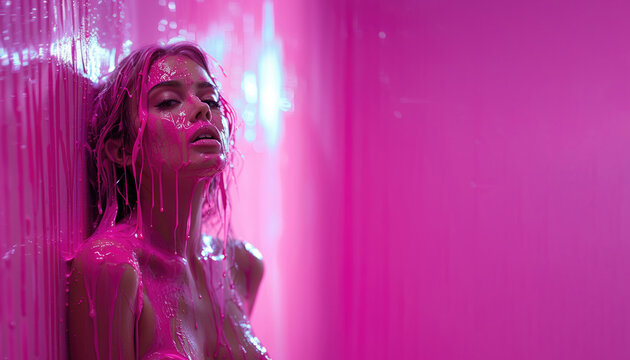 Horizontal banner. Female portrait. Young adult white woman with bare shoulders doused with bright pink paint near wall. March 8, feminism, beauty, creativity, relax. Magenta oil, ink, slime, sludge