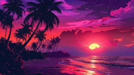 Tropical beach with palm trees at sunset, vibrant red and purple sky,