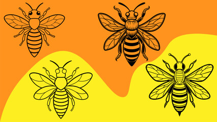 set of bee line drawings in vector design