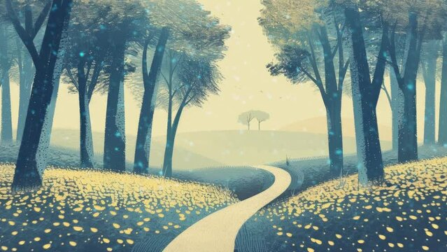 natural scenery in the fall with a path in the middle of the forest. Seamless looping 4k time-lapse virtual video animation background. anime animations. Animations