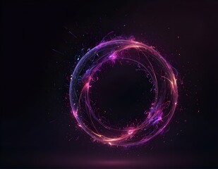 Obraz premium Abstract neon energy sphere of particles and waves of magical glowing on a dark background, circle and loop frames with magic purple and pink flame and sparks isolated on transparent, generative ai