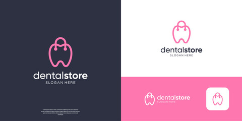 Minimalist dental clinic and dentistry logo design. Shopping bag with dental symbol logo.