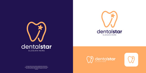 Minimalist dental line art with star logo design template.