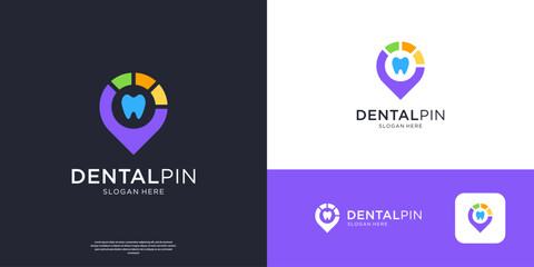 Colorful dental care logo design with pin location logo elements.
