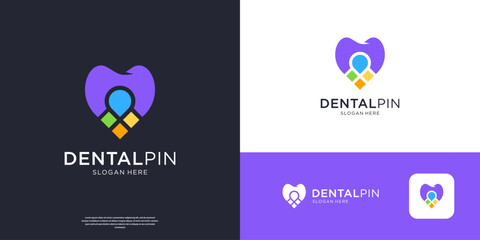 Abstract dental care logo with pin location symbol vector illustration.