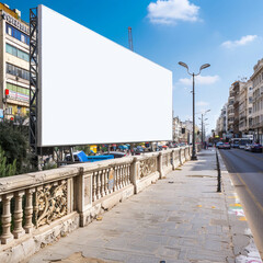 Decorative concrete fence supporting a wide angled blank billboard, urban activity.