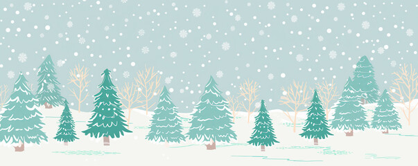 Christmas or New Year theme with Christmas trees and snow falling in a pastel blue and green background.