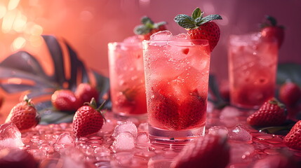 Fresh strawberry cocktail. Fresh summer cocktail with strawberry and ice cubes. Glass of strawberry soda drink on pink background.