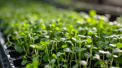 Green fresh leaves of cress salad with drops of water, watercress microgreens close up with soft focus. Homegrown herbs. Healthy nutritious super food concept