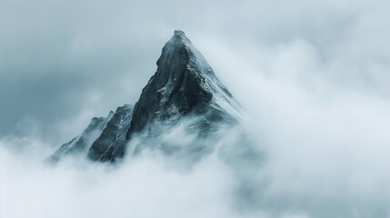 A mountain peak shrouded in mist, with just the very tip piercing through the thick, white fog. 32k, full ultra hd, high resolution