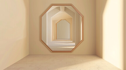 Modern simplicity with a unique wide hexagonal blank frame in a beige corridor.