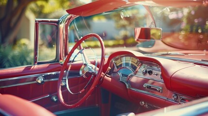 vintage car interior view, old classic convertible, 50s style ,vibrant color, sunny day, garden background, professional photography, natural light, high resolution photography