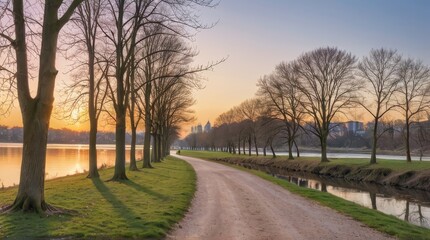 Fototapeta premium Scenic Riverside Pathway Adorned with Winter Trees