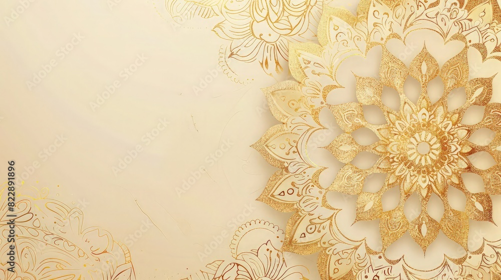 Poster a soft pastel gray background with delicate golden flower designs, providing a spacious area at the 