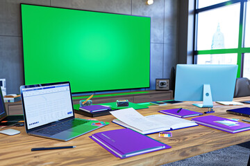 Pine table, violet documents, laptops, and an ice blue big TV with a green screen in a sleek...