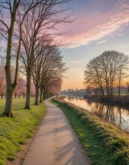 Obraz premium Scenic Riverside Pathway Adorned with Winter Trees