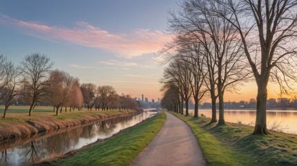 Fototapeta premium Scenic Riverside Pathway Adorned with Winter Trees