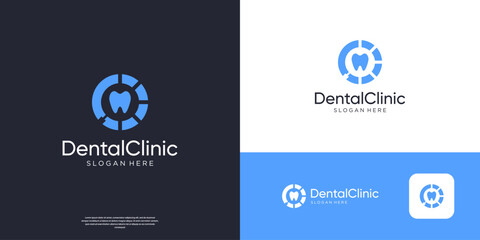 Dental care logo with magnifying glass logo design template.