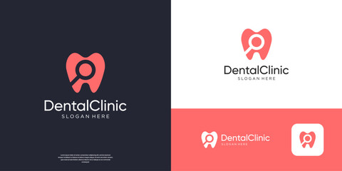 Simple dental care with search symbol logo design.