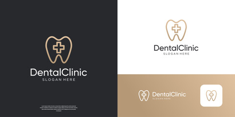 Simple dental care logo and cross symbol golden logo design.