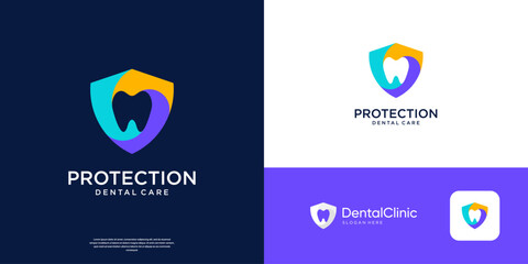 Dental care logo with health shield protection logo design.